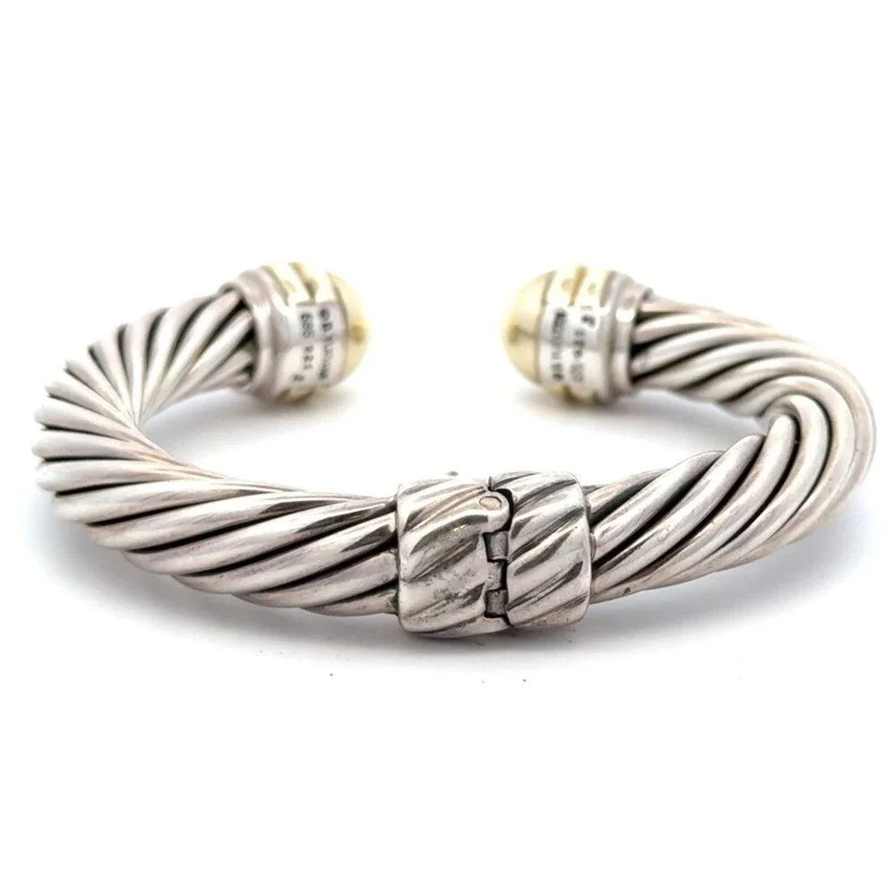 David Yurman 9mm Sterling Silver Yellow Gold 9mm Cable Hinged Cuff Bracelet - Picture 3 of 8